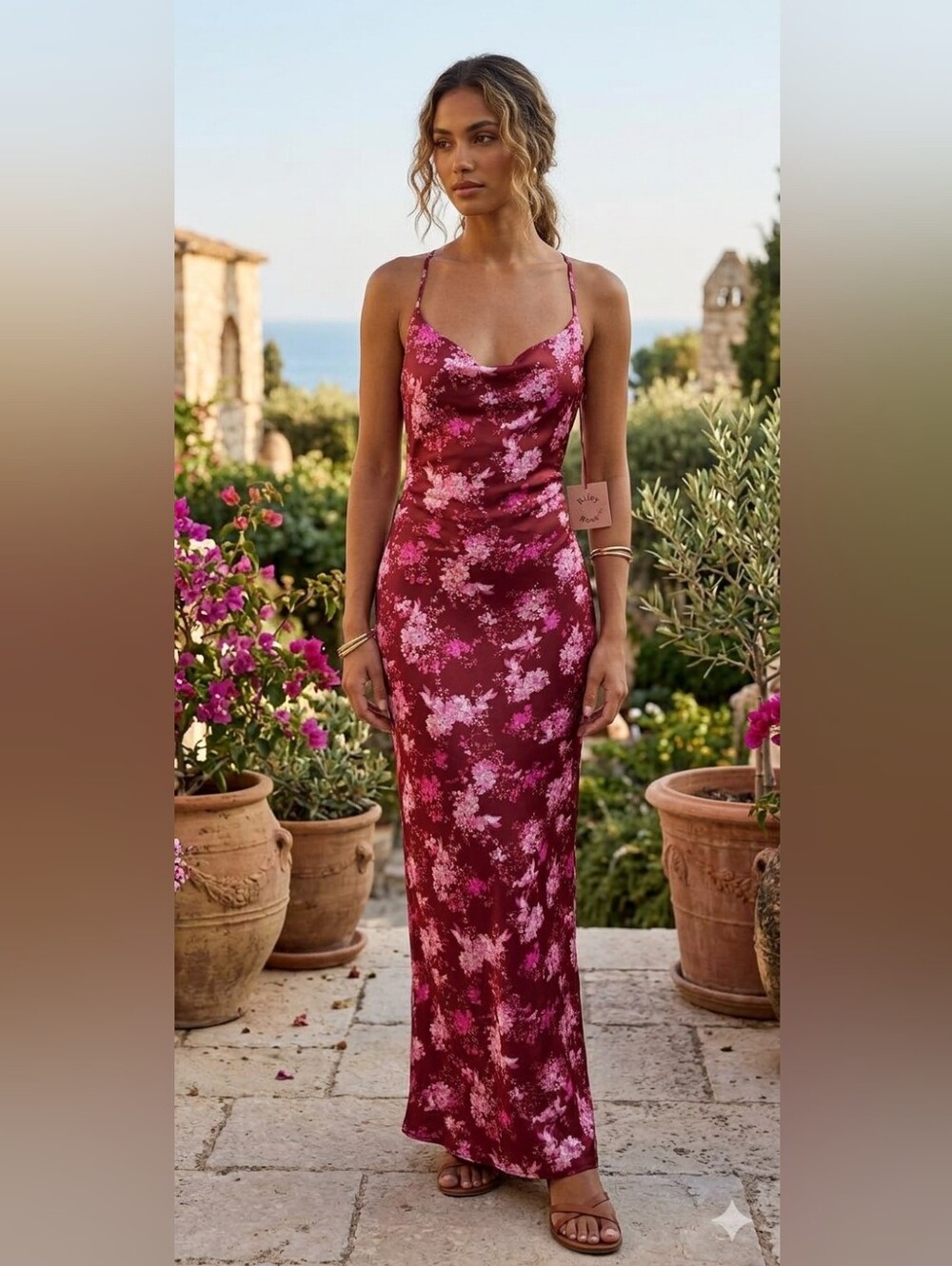 Floral Slip Dress - Pink Floral on Burgundy